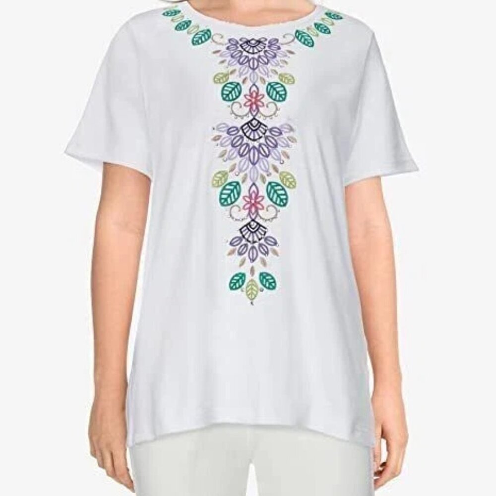 Alfred Dunner Leaf Embroidered Short Sleeve White Top Petite Medium NEW $56